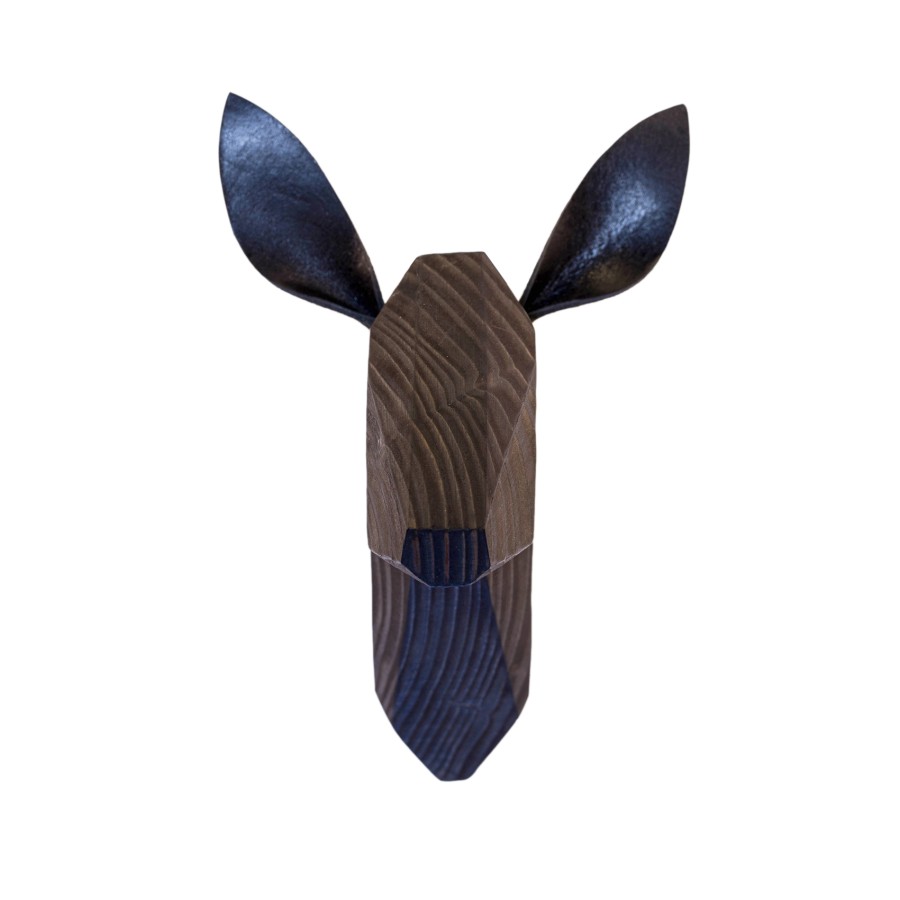 Wooden Deer Head - Black Washed -Black Ears