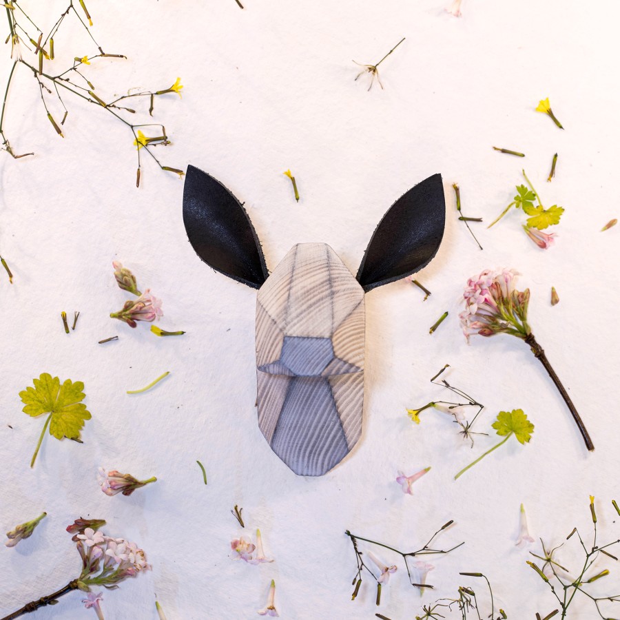 Wooden Fawn Head - White Washed - Black Ears